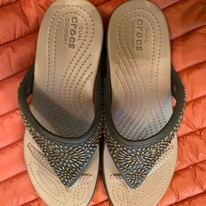 Crocs brown platform Wedge Flip Flops size 7